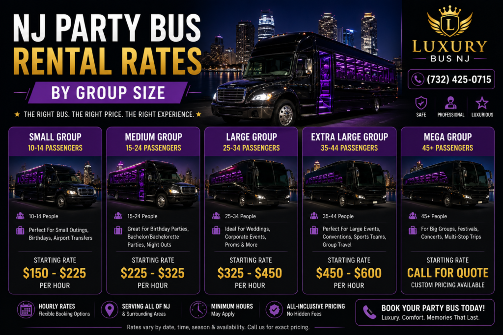 NJ Party Bus Rental Rates by Group Size